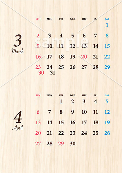 ウッド調カレンダー 3月／4月