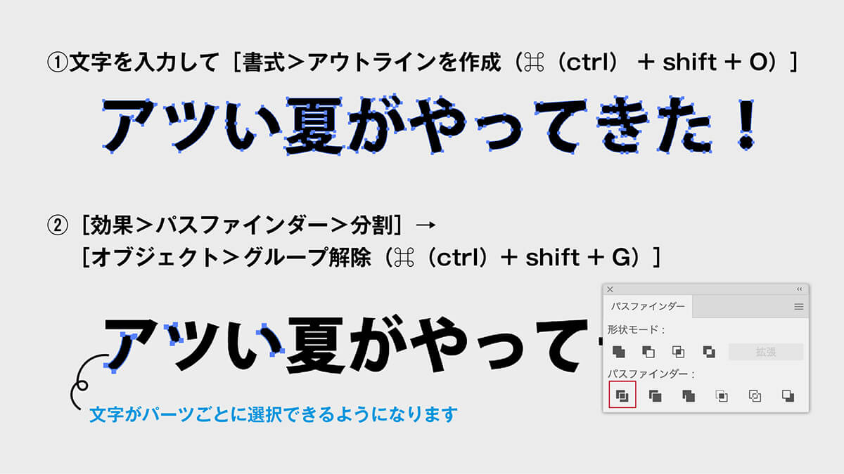 文字をアウトライン化・文字をパーツに分割